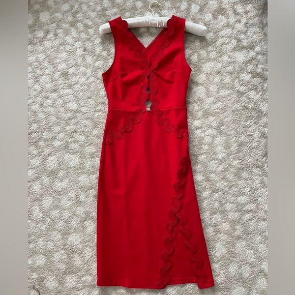 A.Peach Red Party Dress with Peekaboo Cut-out Detailing and Slit Size Small - Picture 2 of 5